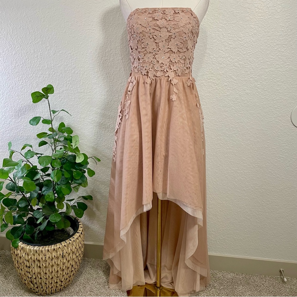 Say Yes to the Prom Strapless Lace High-Low Dress | Blush Pink